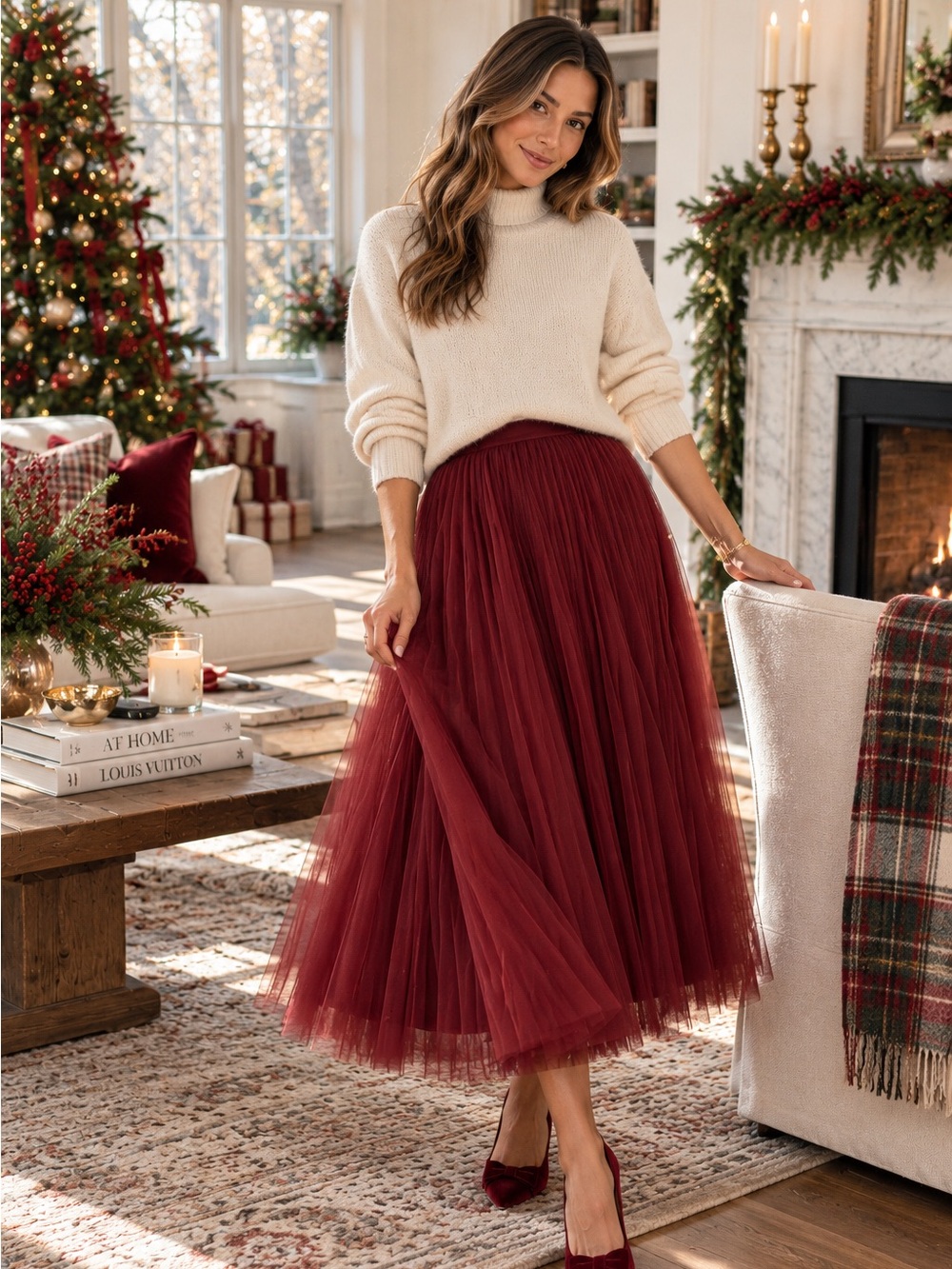 Preppy Layered Tulle Midi Skirt Romantic A-Line feminine maroon burgundy red